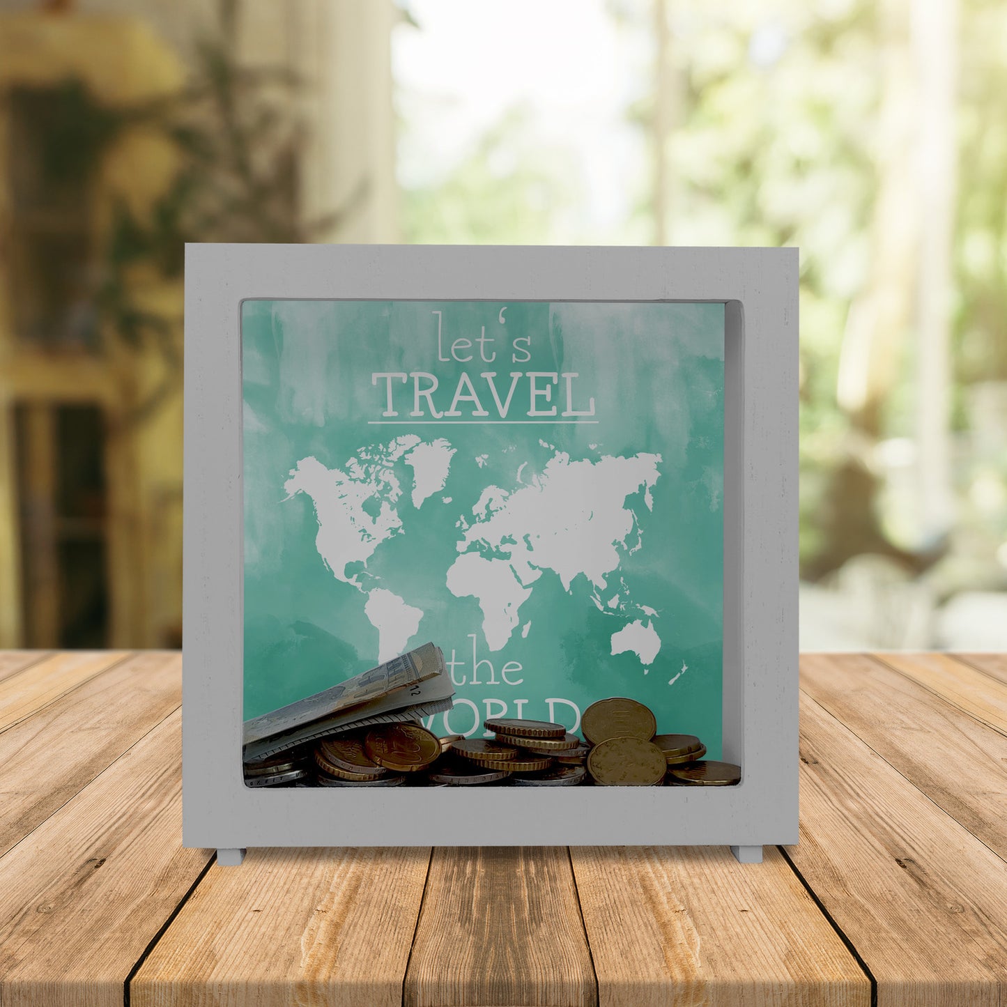 Rahmen Spardose aus Holz mit Weltkarten Motiv und Text - let's travel the world in Türkis