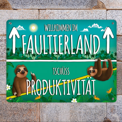 Metallschild XL mit Faultier Motiv und Spruch: Willkommen im Faultierland ...