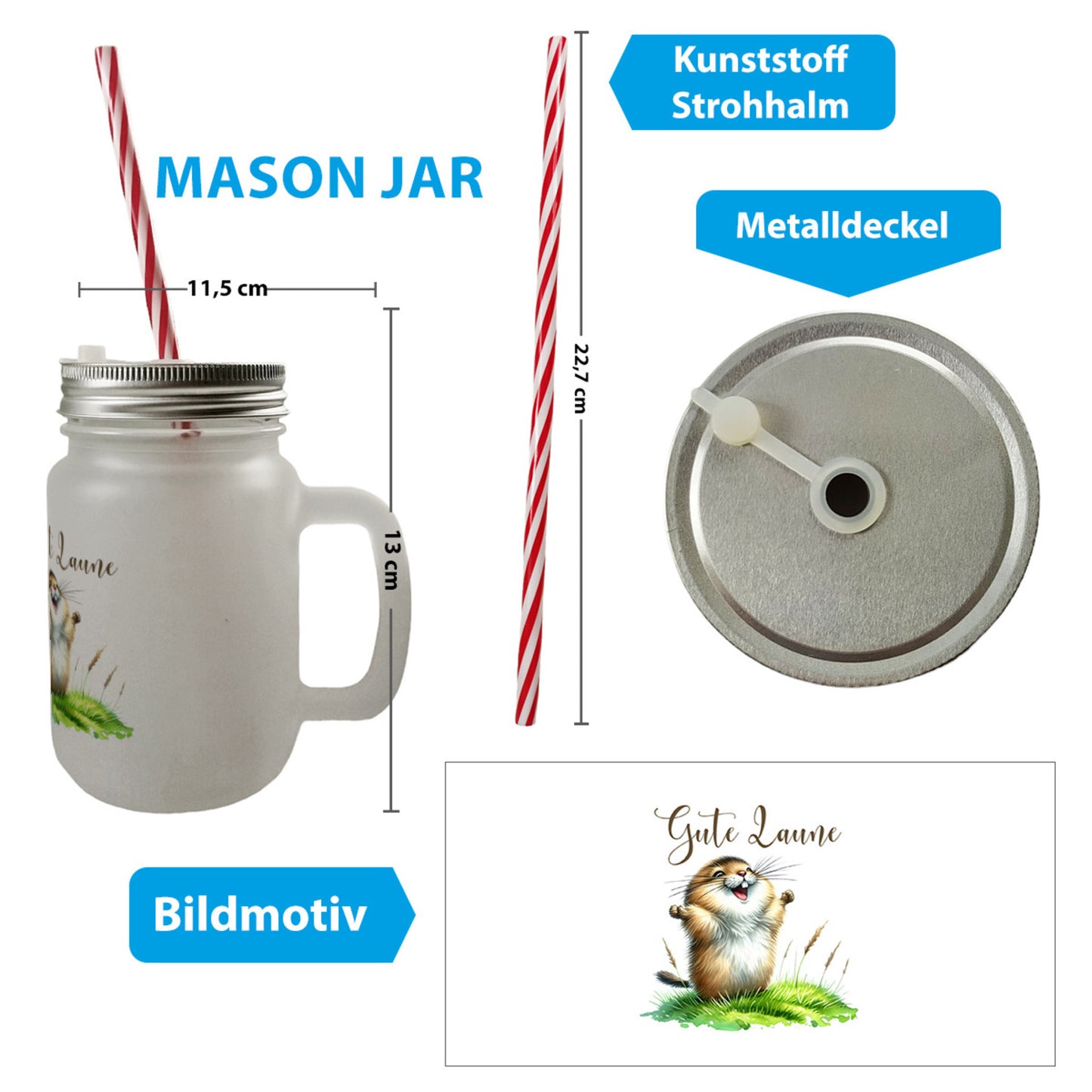 jubelnder Lemming Mason Jar Henkel Trinkglas mit Deckel mit Spruch Gute Laune