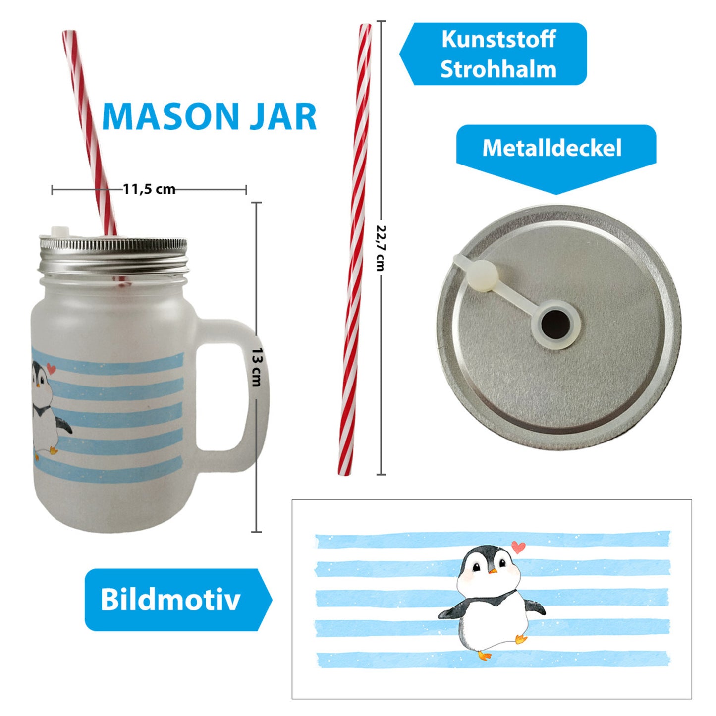 Pinguin Mason Jar Henkel Trinkglas mit Deckel im Aquarell-Stil