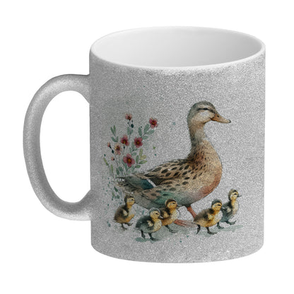 Ente mit Küken Glitzer-Kaffeebecher