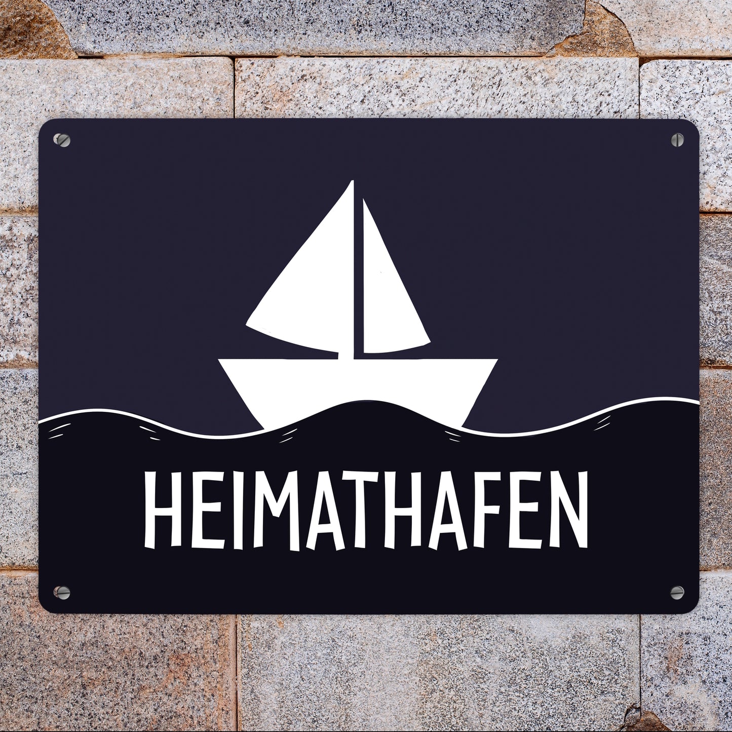 Heimathafen Metallschild mit Schiff und Meeresmotiv