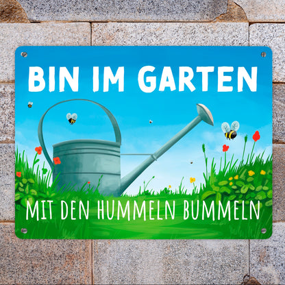 Bin im Garten mit den Hummeln bummeln Metallschild XL in 21x28 cm