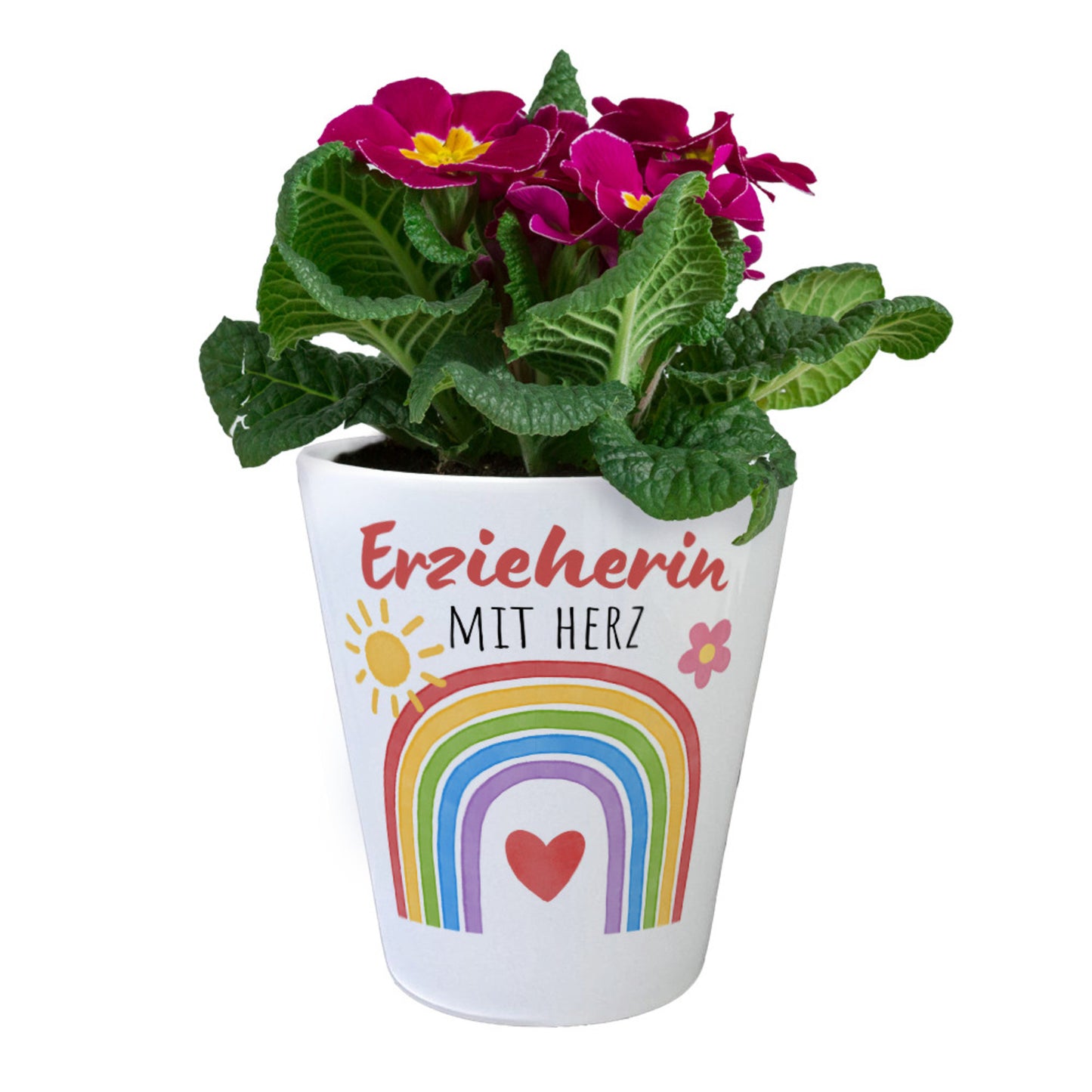 Regenbogen Blumentopf mit Spruch Erzieherin mit Herz