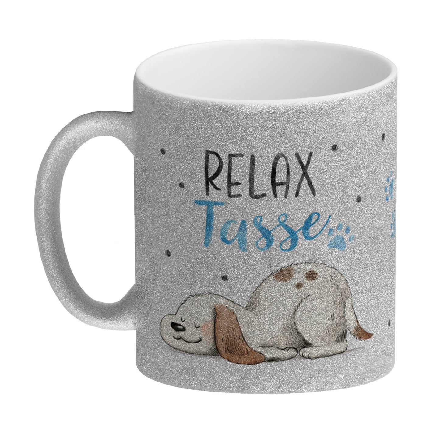 Relaxter Hund Glitzer-Kaffeebecher mit Spruch Relax Tasse