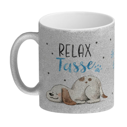 Relaxter Hund Glitzer-Kaffeebecher mit Spruch Relax Tasse