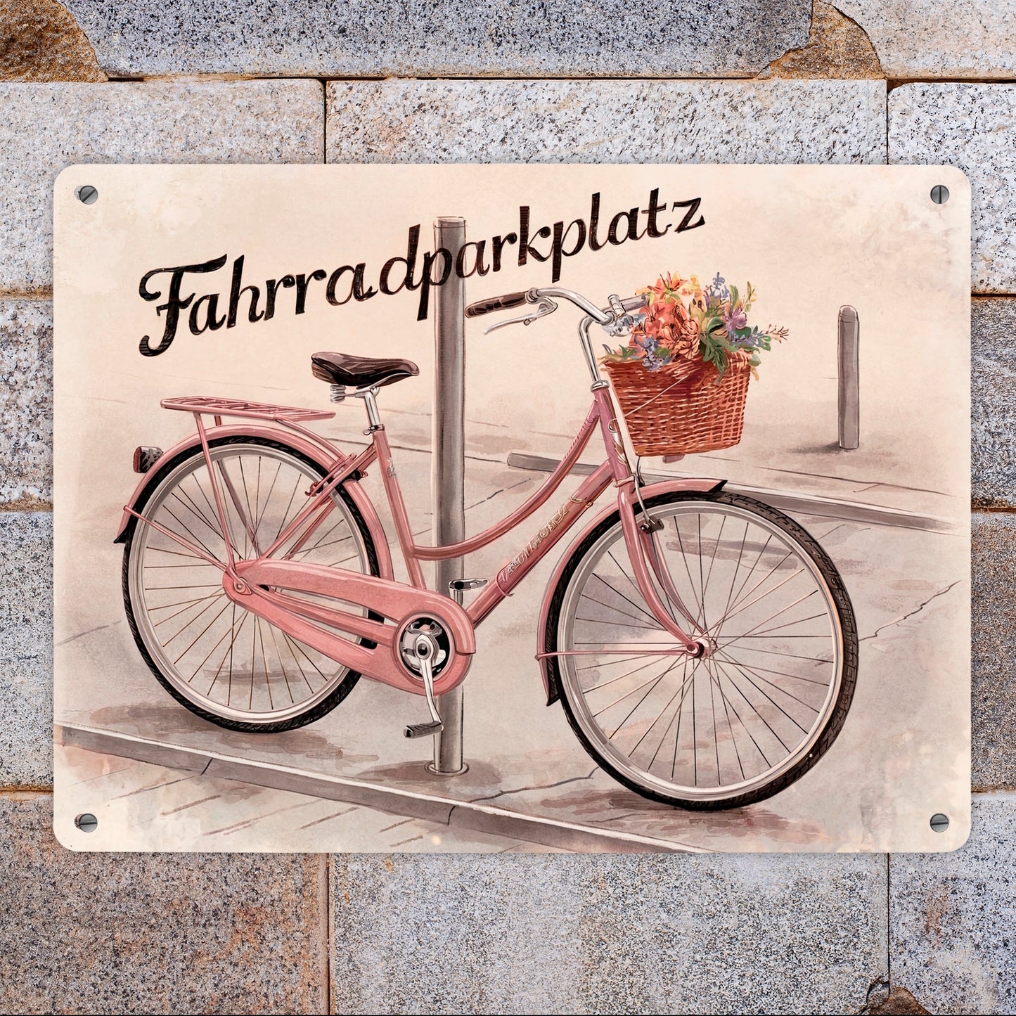 Fahrradparkplatz Metallschild XL in 21x28 cm mit rosa Drahtesel und Blumenkorb