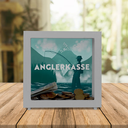 Anglerkasse Rahmen Spardose aus Holz mit Anglermotiv für Angler