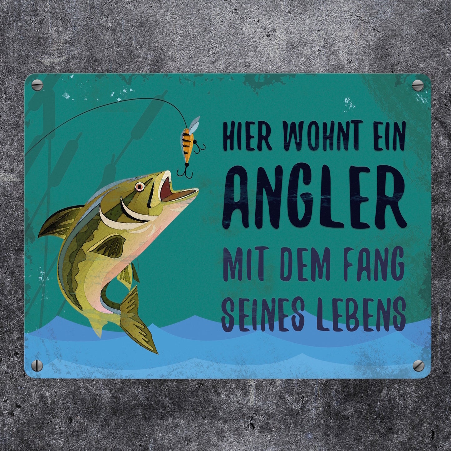 Angler mit dem Fang seines Lebens Blechschild in 15x20 cm