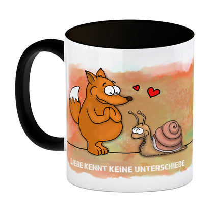 Liebe kennt keine Unterschiede Kaffeebecher Henkel und Innenseite Schwarz mit Fuchs und Schnecke Motiv