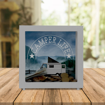 Camper Life mit Campervan Rahmen Spardose aus Holz