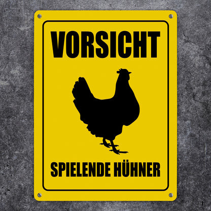 Metallschild XL mit Huhn Motiv und Spruch: Vorsicht spielende Hühner