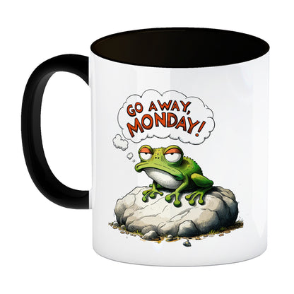 Mürrischer Frosch auf Stein Kaffeebecher in schwarz mit Spruch Go away, Monday!