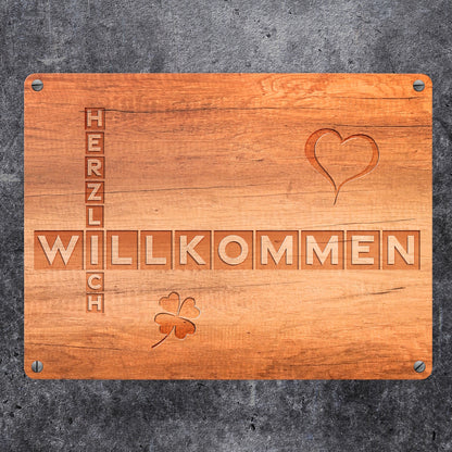 Herzlich Willkommen Metallschild in 15x20 cm in Holzoptik