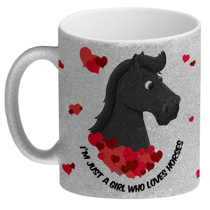 I'm just a girl who loves horses Glitzer-Glitzer-Kaffeebecher mit schwarzes Pferd Motiv