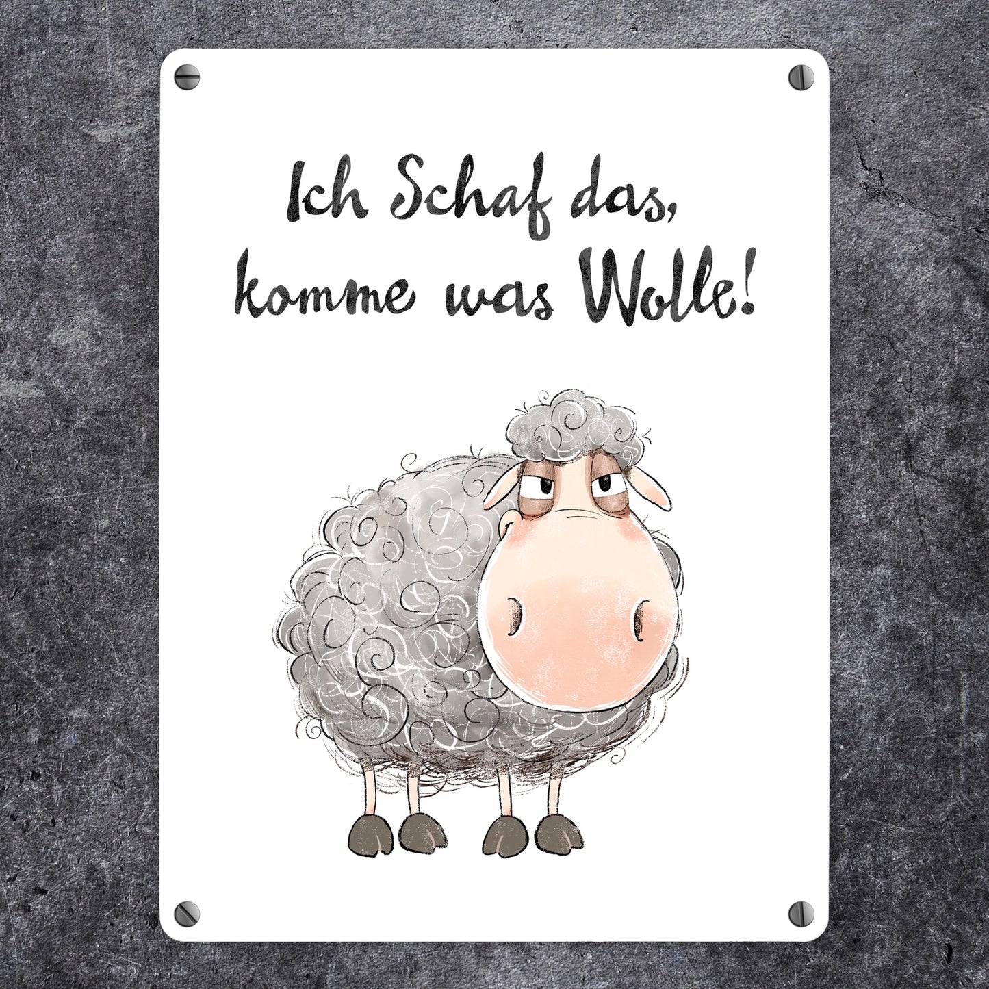 Schaf Metallschild in 15x20 cm mit Spruch Ich Schaf das komme was Wolle