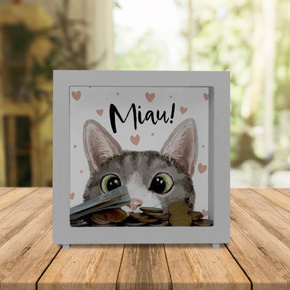 Miau Katze Rahmen Spardose aus Holz