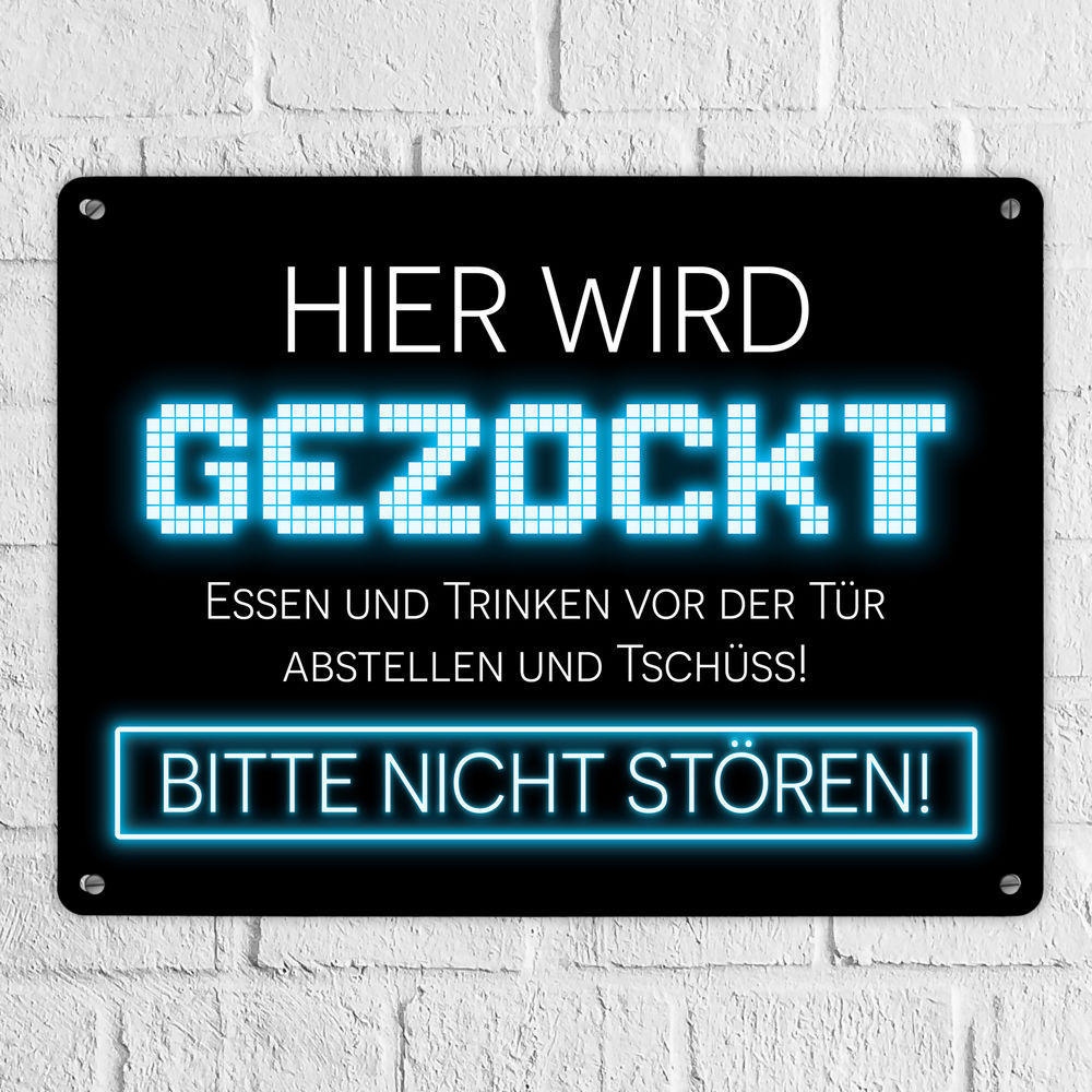 Hier wird gezockt Metallschild XL in 21x28 cm für Gamer in blau