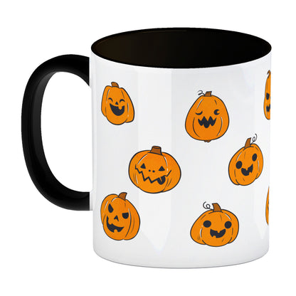 Kaffeebecher Schwarz im Halloween Design - mit vielen lustigen geschnitzten Kürbisköpfen