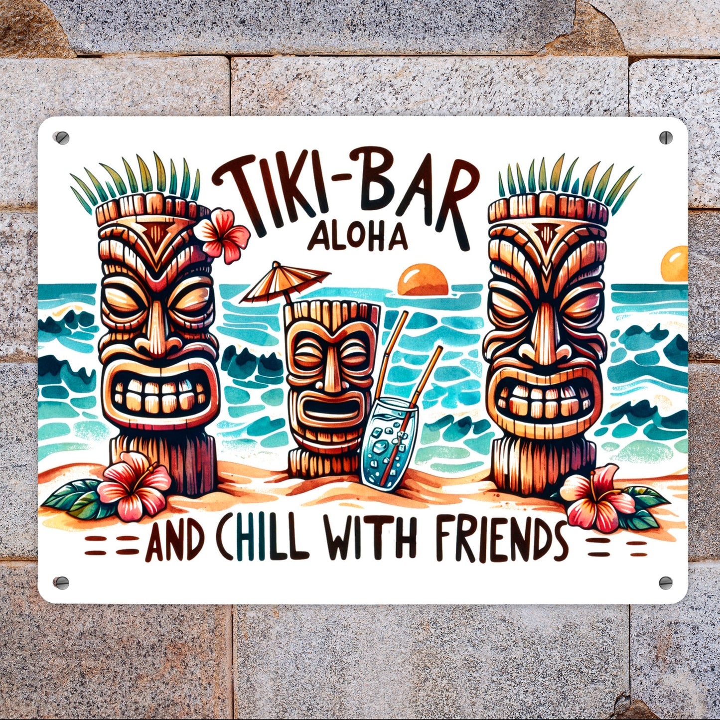 Tiki-Bar Aloha Metallschild XL in 21x28 cm mit Spruch and chill with friends