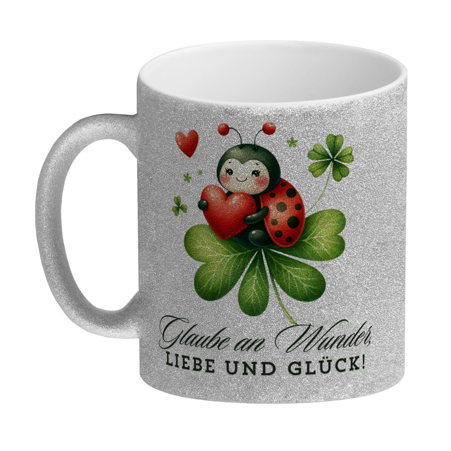 Marienkäfer Glitzer-Kaffeebecher mit Spruch Glaube an Wunder, Liebe und Glück!