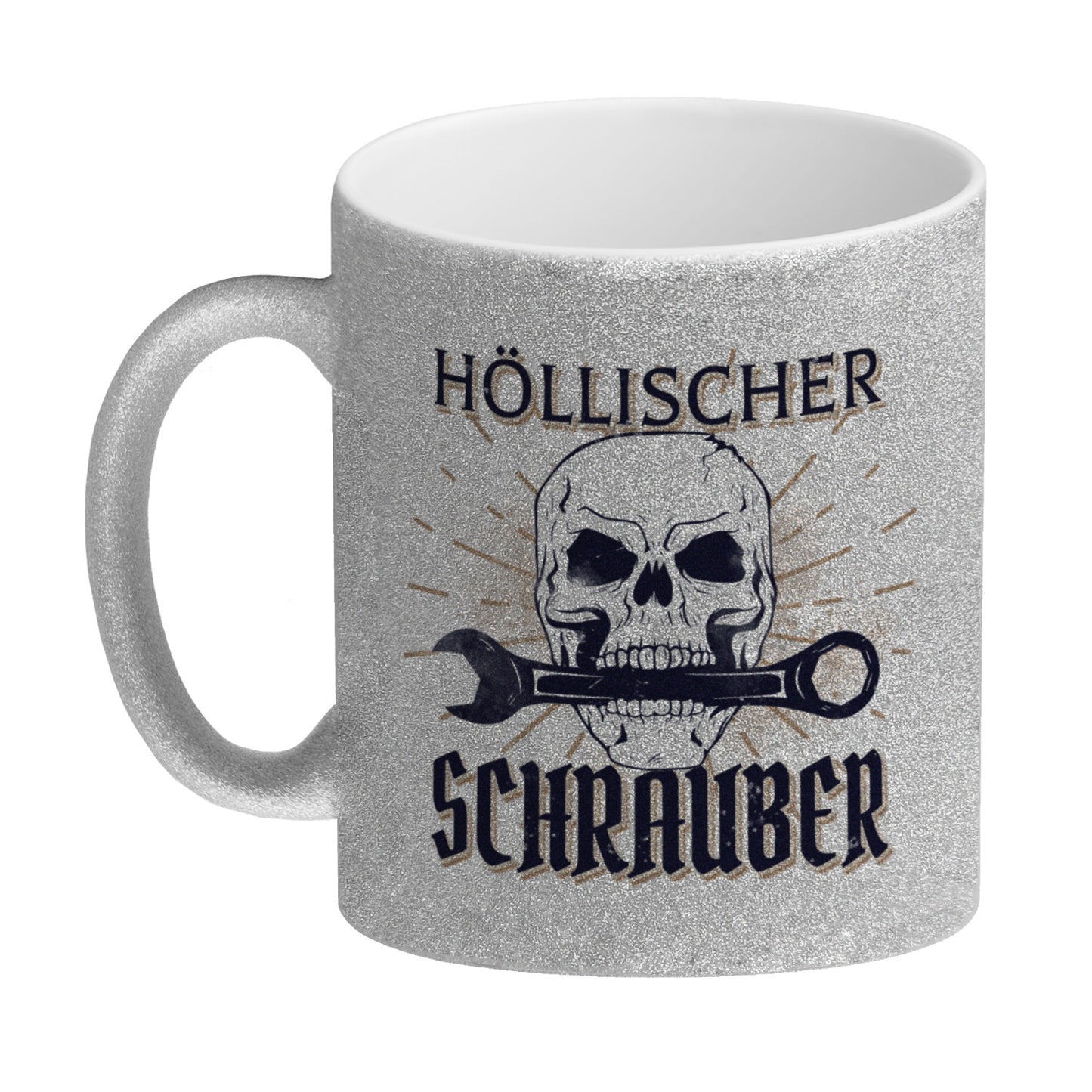 Höllischer Schrauber Glitzer-Kaffeebecher mit Totenkopf und Schraubenschlüssel Motiv