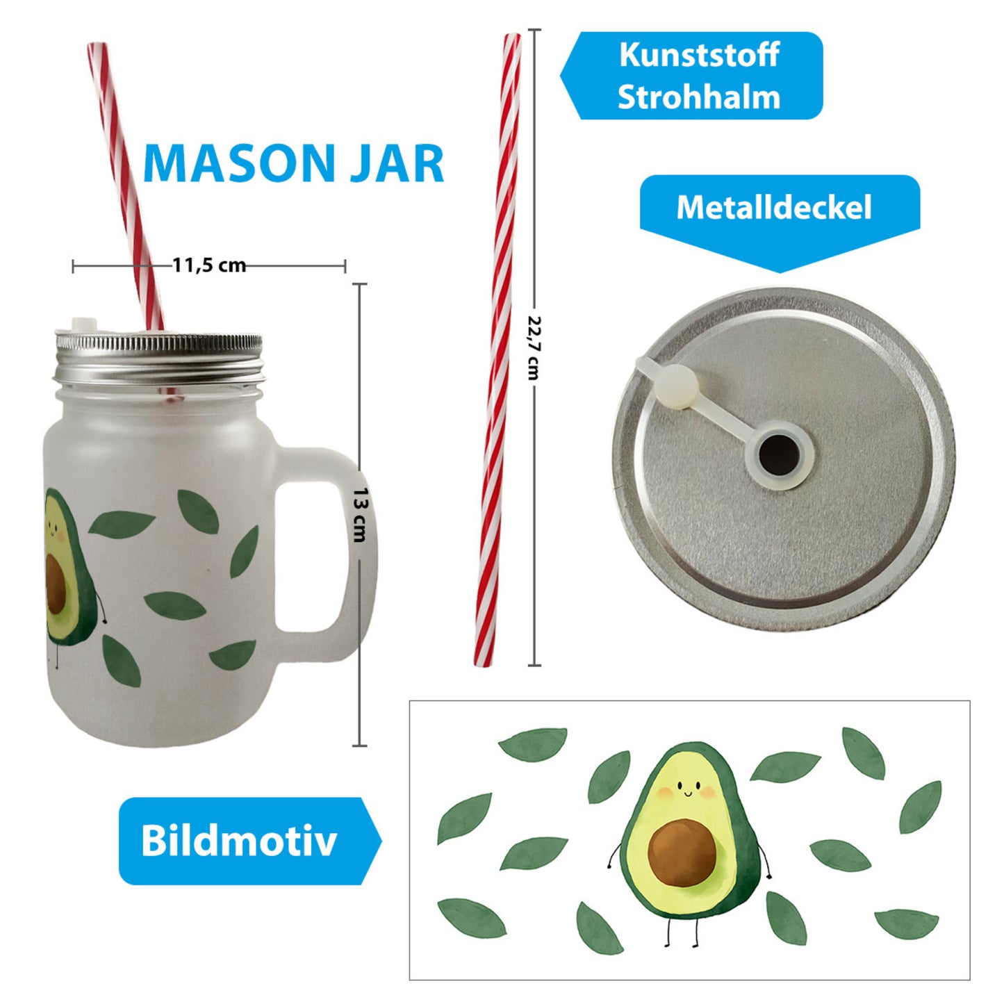 Avocado Mason Jar Henkel Trinkglas mit Deckel im Aquarell-Stil