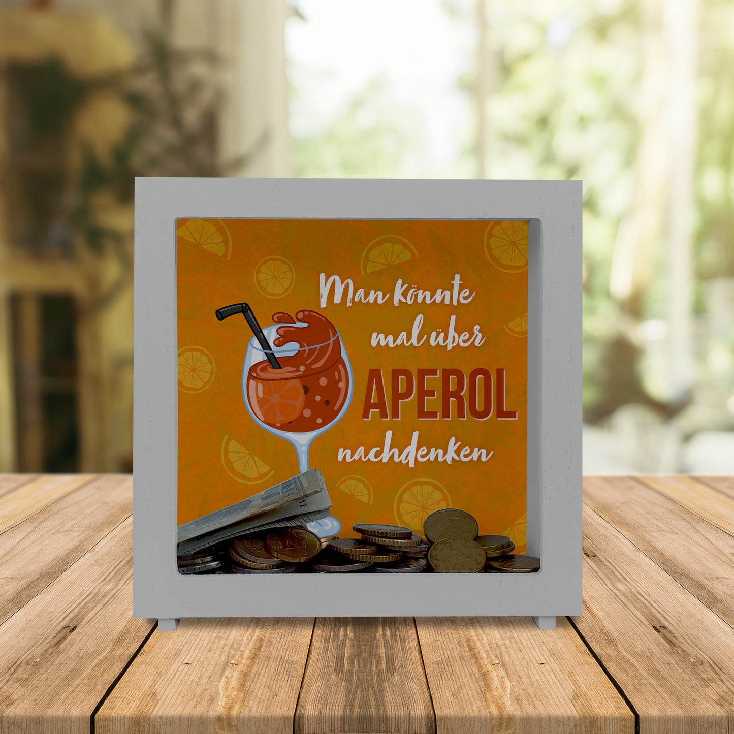 Cocktail Rahmen Spardose aus Holz mit Spruch Man könnte mal über Aperol nachdenken