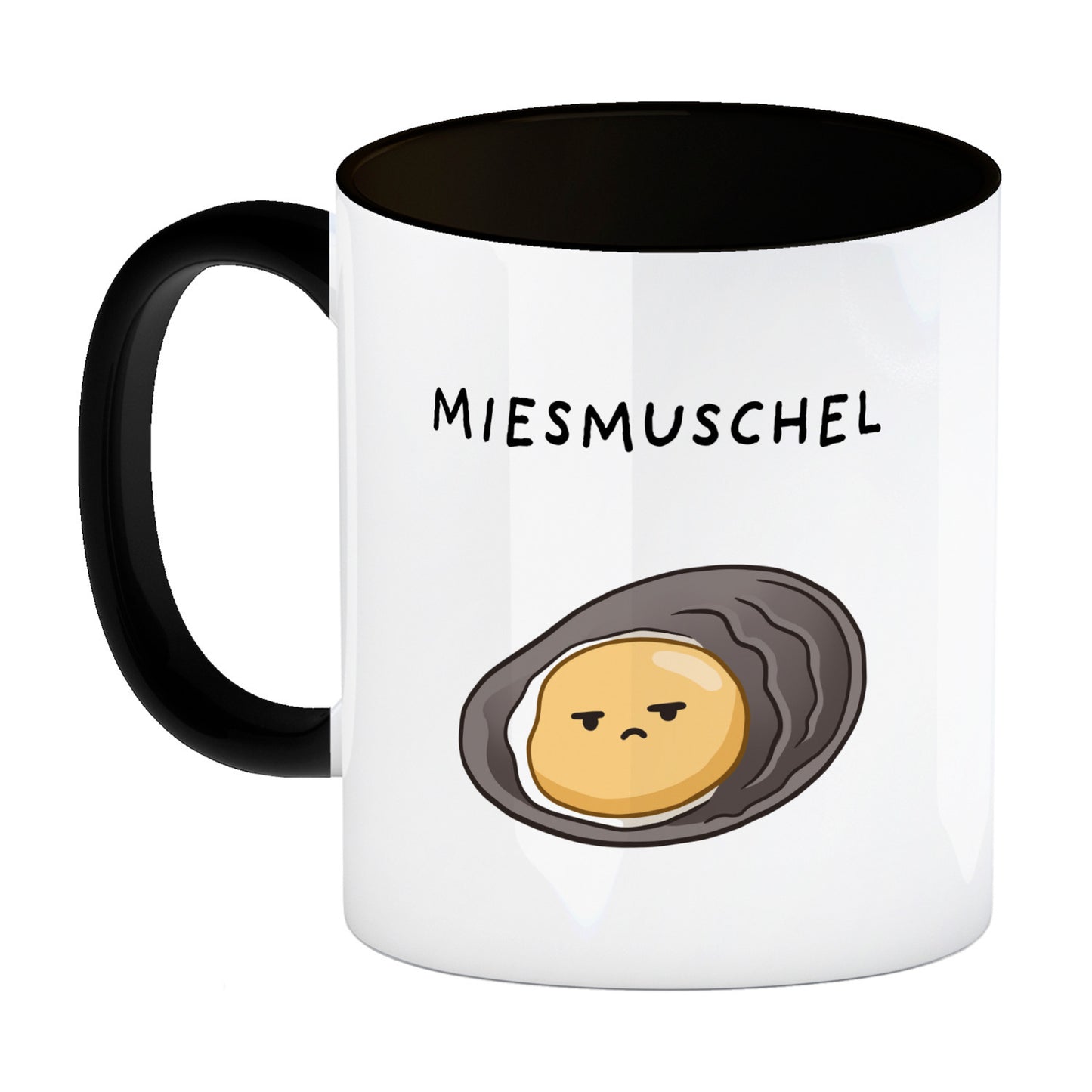 Jelly & Friends Muschel Kaffeebecher in schwarz mit Spruch Miesmuschel