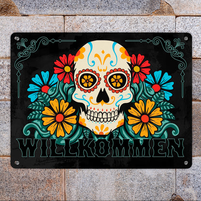 Willkommen Metallschild XL in 21x28 cm mit Totenkopf und Blumenmotiv