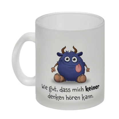 Freches Monster in dunkelblau Glas Tasse mit lustigem Spruch