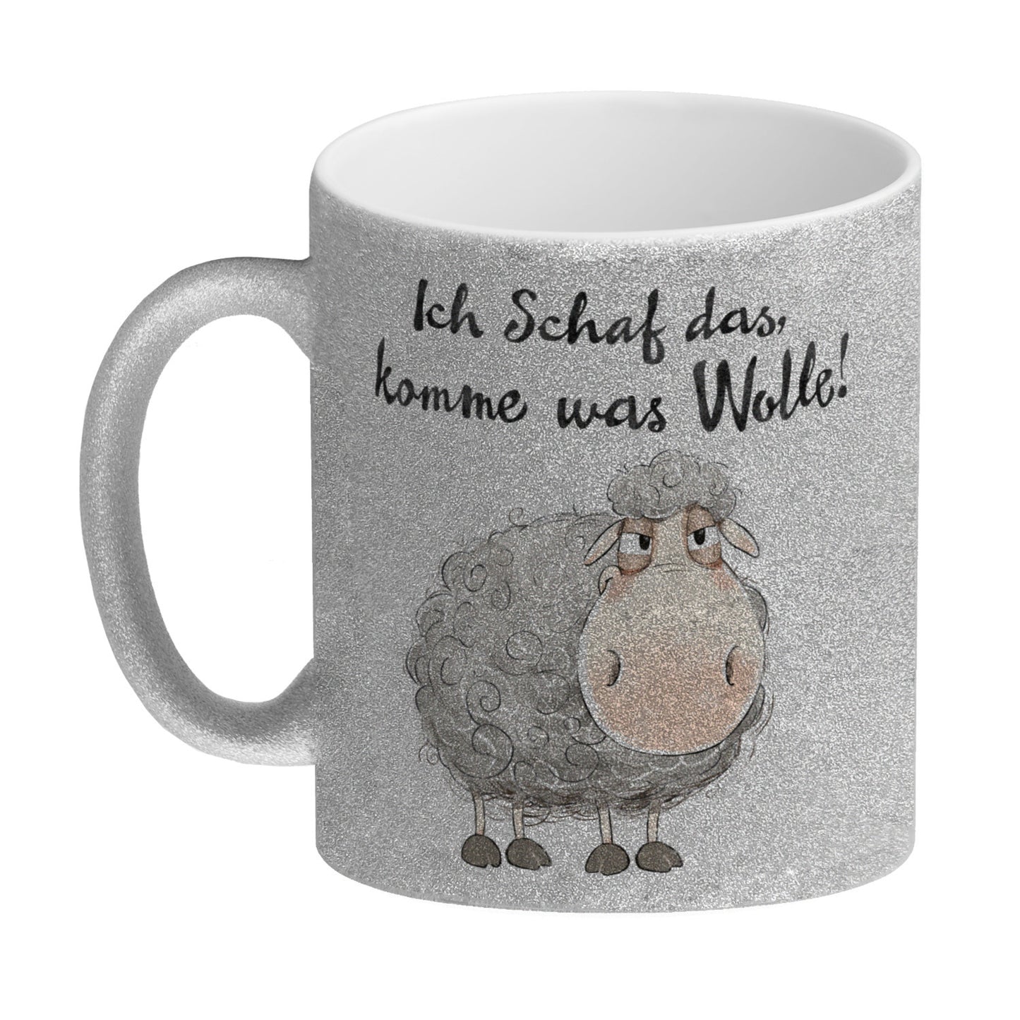 Schaf Glitzer-Kaffeebecher mit Spruch Ich Schaf das komme was Wolle