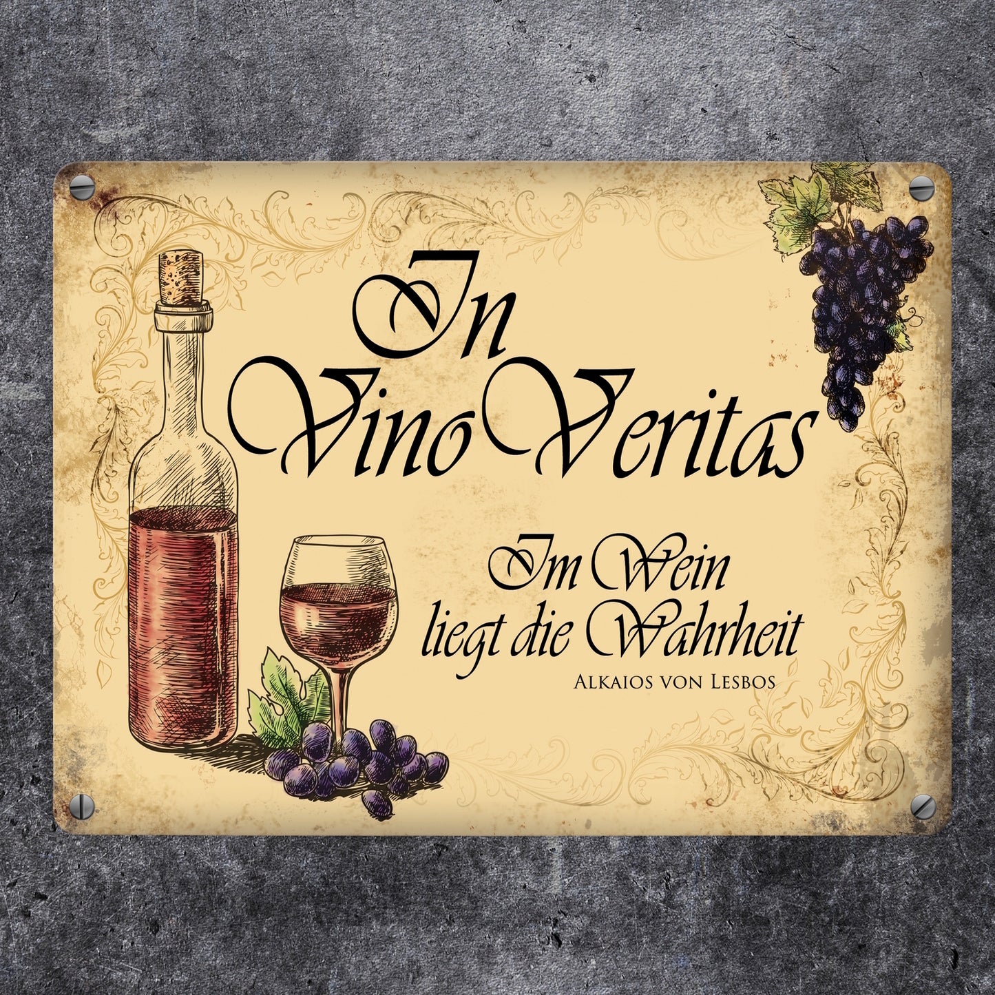 Metallschild mit Wein Motiv und Spruch: In Vino Vertias