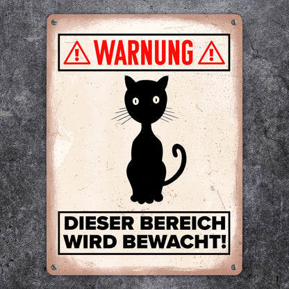 Warnung Bereich wird bewacht Metallschild XL in 21x28 cm mit Katzen Silhouette