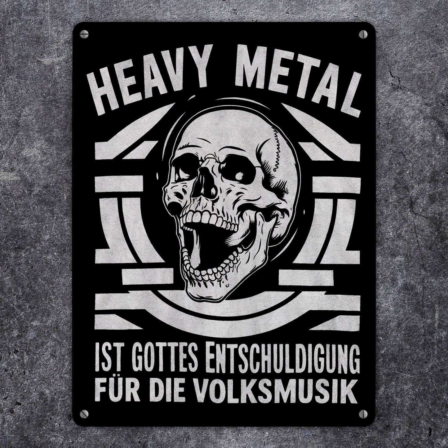 Heavy Metal statt Volksmusik Metallschild XL in 21x28 cm mit Totenkopf