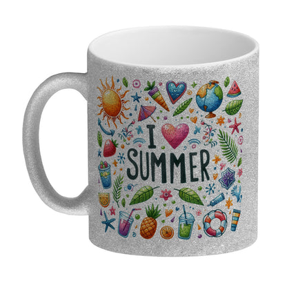 Sommer Glitzer-Kaffeebecher mit Spruch I love summer