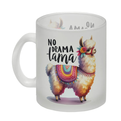 Alpaka mit bunter Satteldecke Glas Tasse mit Spruch No Drama Lama