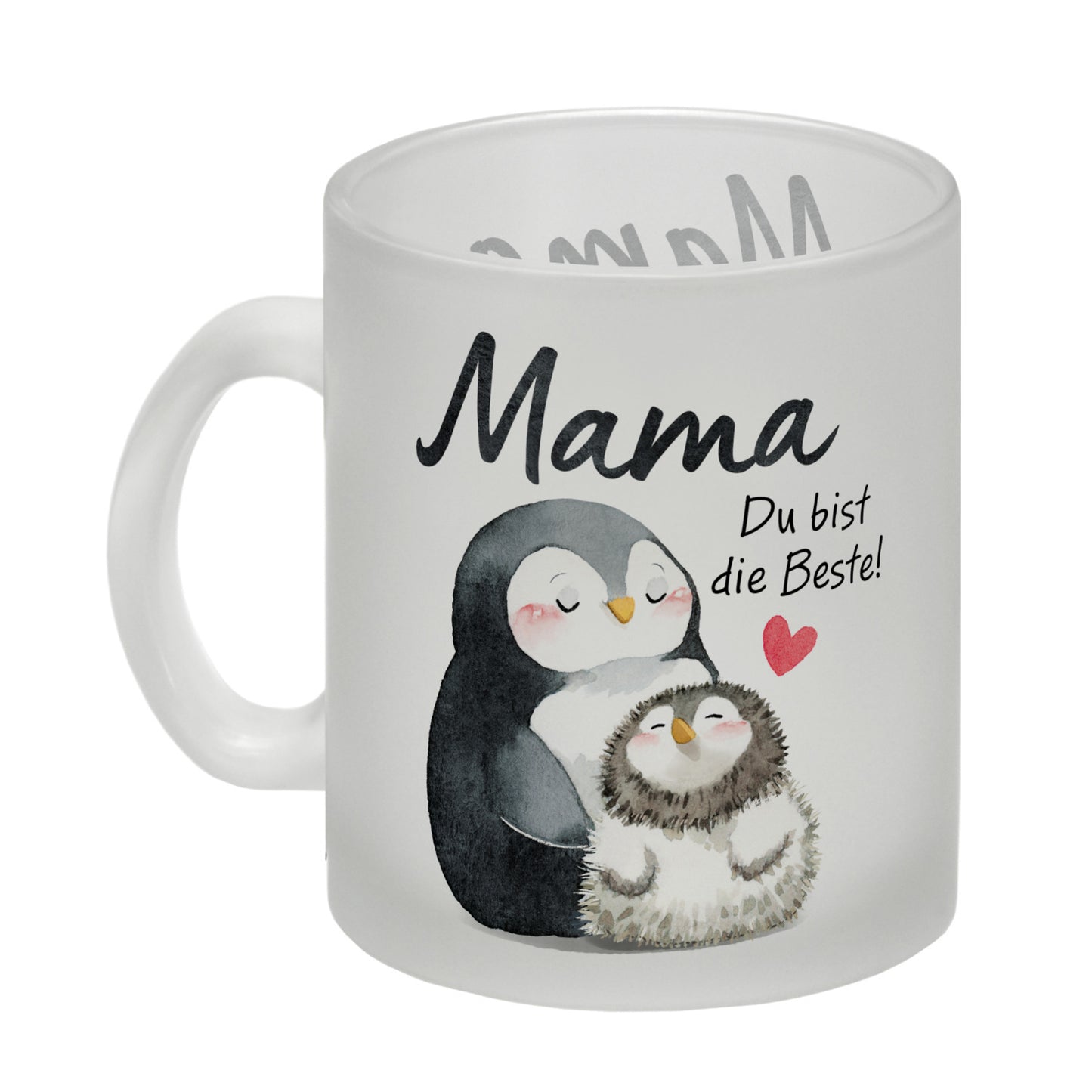 Pinguin Mutter und Kind Glas Tasse mit Spruch Mama du bist die Beste