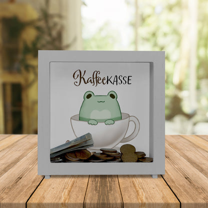 Frosch Rahmen Spardose aus Holz mit Spruch Kaffeekasse