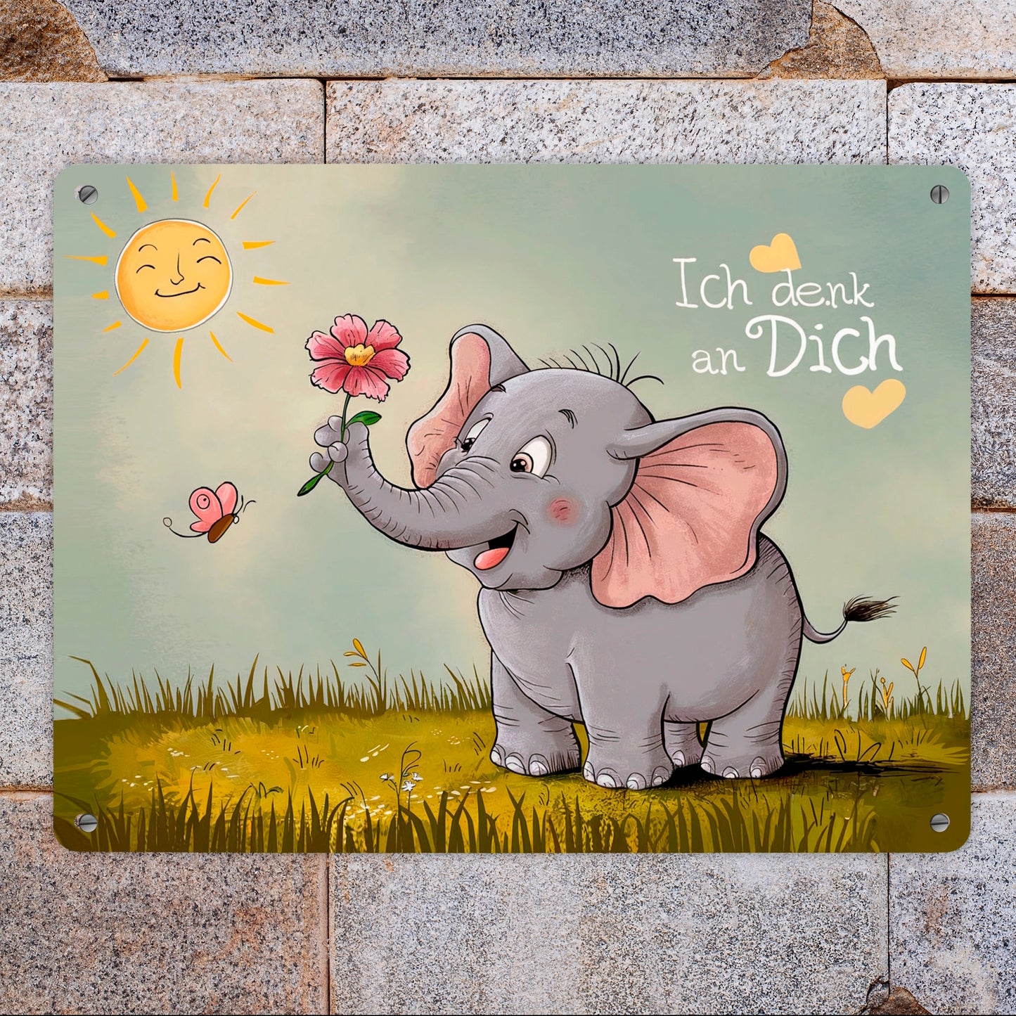 Cartoon-Elefant mit Blume - Metallschild XL in 21x28 cm - Ich denk an dich