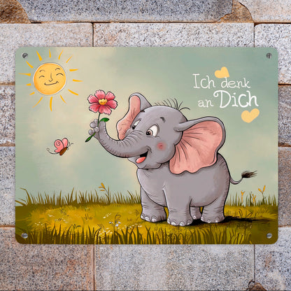 Cartoon-Elefant mit Blume - Metallschild XL in 21x28 cm - Ich denk an dich