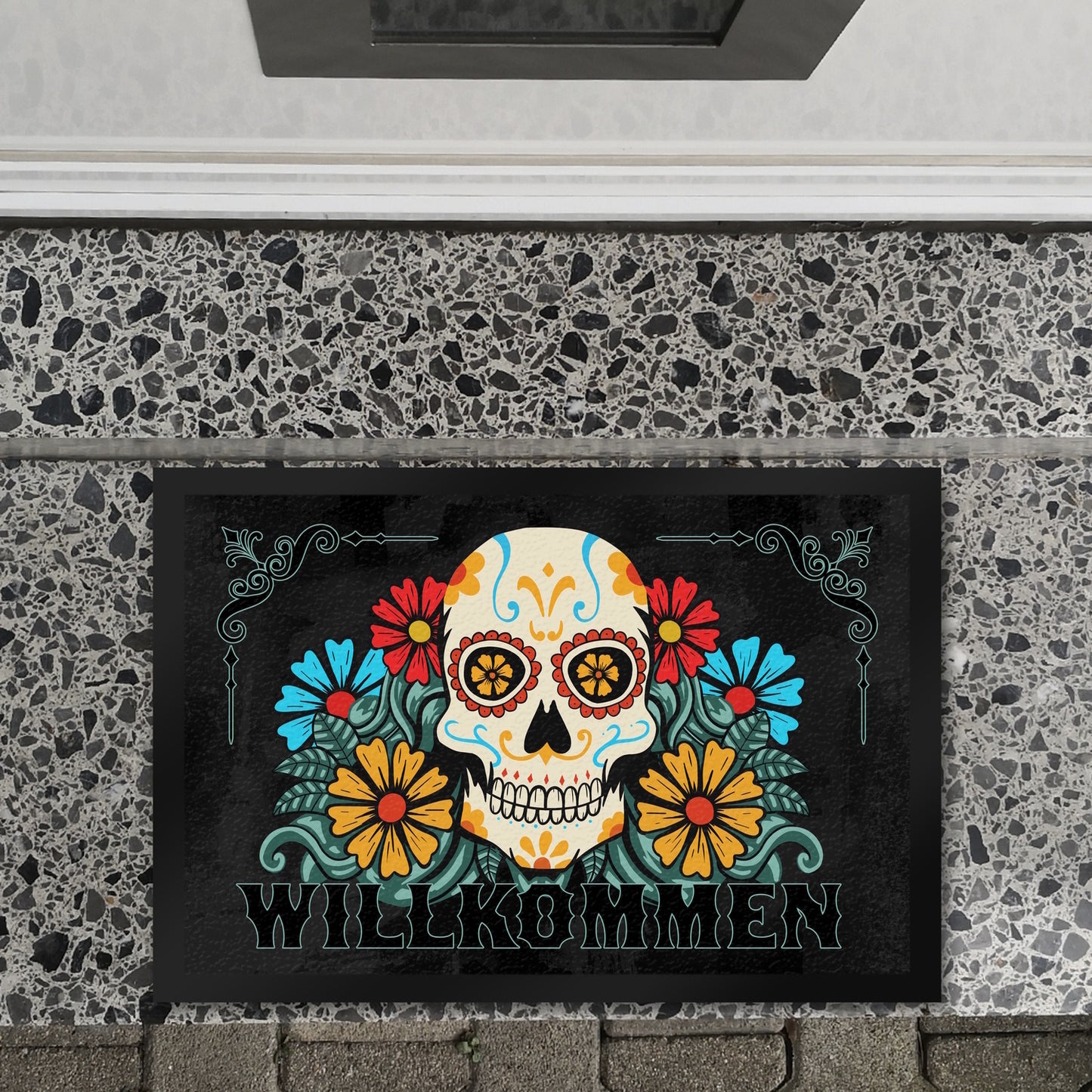 Willkommen Fußmatte XL in 40x60 cm mit Totenkopf und Blumenmotiv