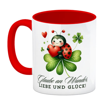 Marienkäfer Kaffeebecher in rot mit Spruch Glaube an Wunder, Liebe und Glück!