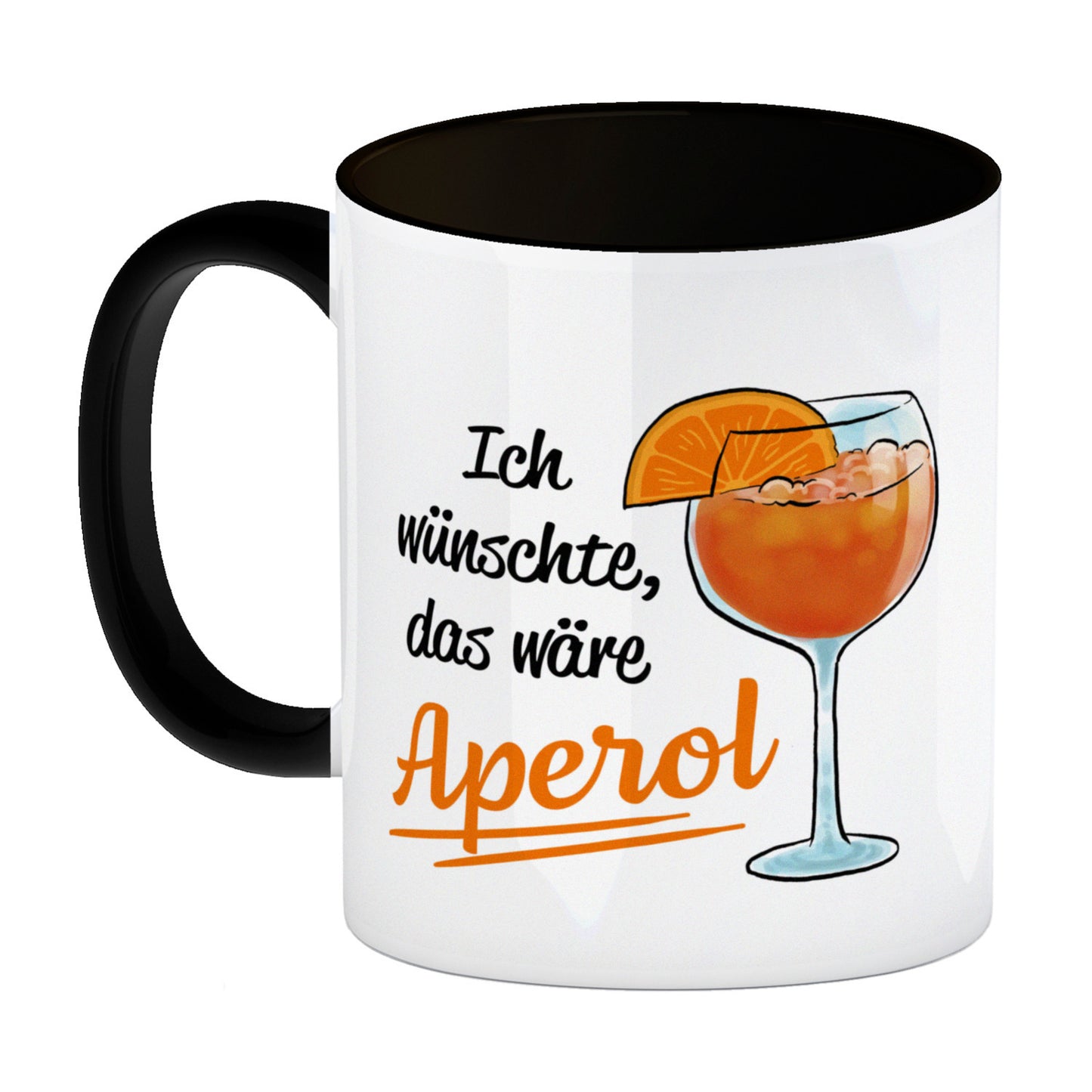 Cocktail Kaffeebecher in schwarz mit Spruch Ich wünschte das wäre Aperol