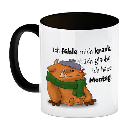 Freches Monster in orange Kaffeebecher in schwarz mit lustigem Spruch