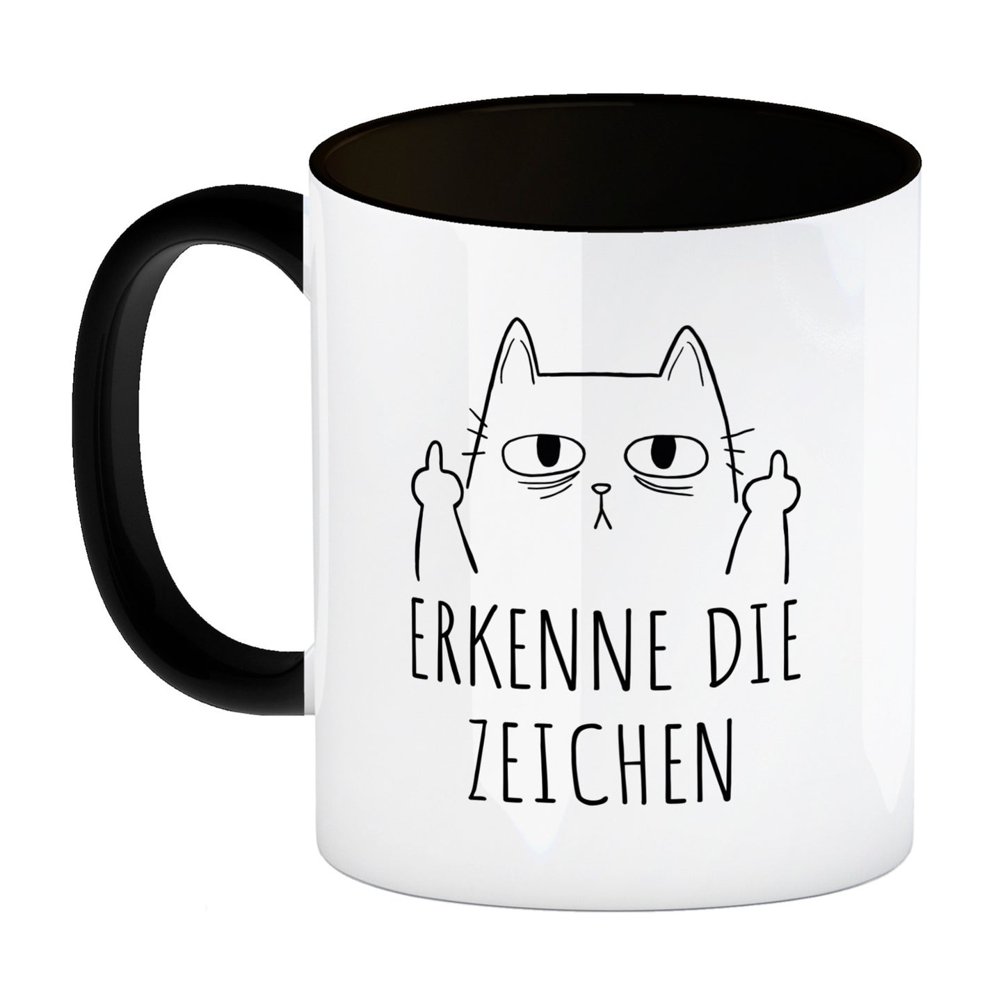 Katze mit Mittelfinger Kaffeebecher in schwarz mit Spruch Erkenne die Zeichen