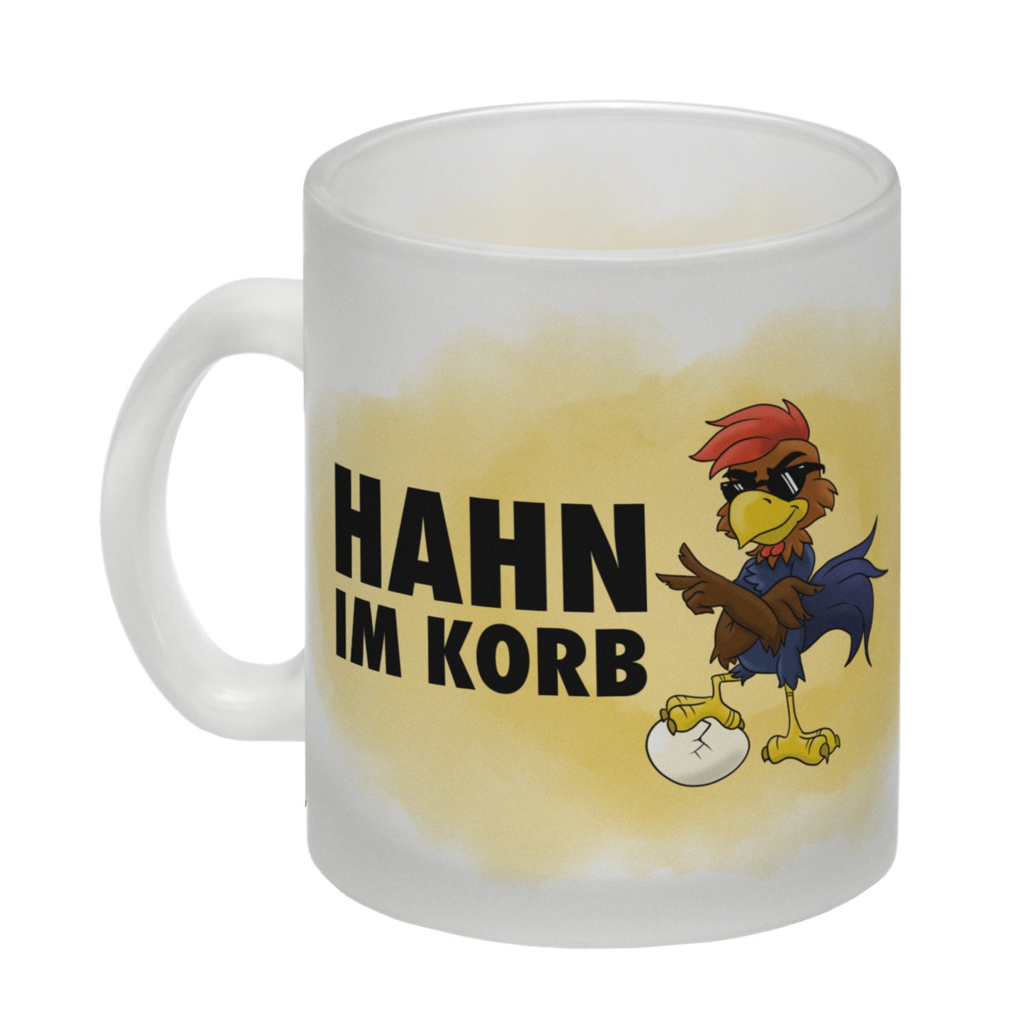 Hahn im Korb Glas Tasse Das einzigartige Cartoon-Motiv eines Hahns macht diesen Kaffeebecher zu einem echt ausgefallenem Geschenk für Kollegen, Familie und Freunde die vielleicht alleine als Hahn im Korb sitzen. mit Cartoon-Hahn, Aufschrift Motiv