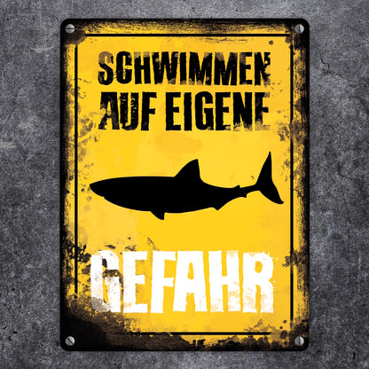 Schwimmen auf eigene Gefahr Metallschild in 15x20 cm für den Pool mit Hai