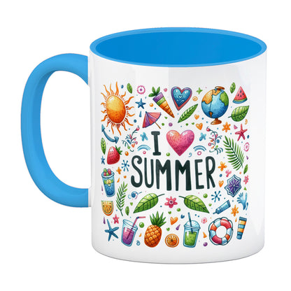 Sommer Kaffeebecher in hellblau mit Spruch I love summer