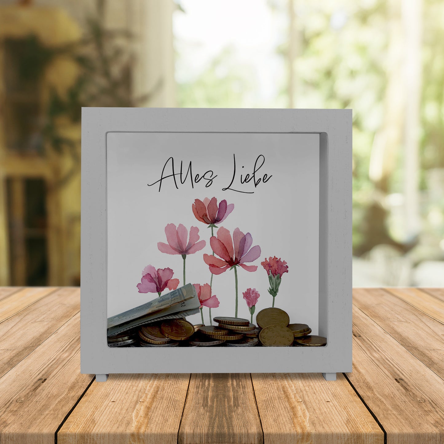 Aquarell Blumen Rahmen Spardose aus Holz mit Spruch Alles Liebe